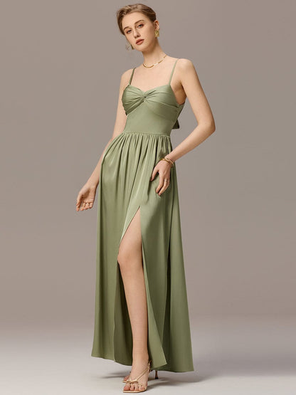 ever VERA|Satin Pleated Back-Tie Sleeveless Maxi Bridesmaid Dress