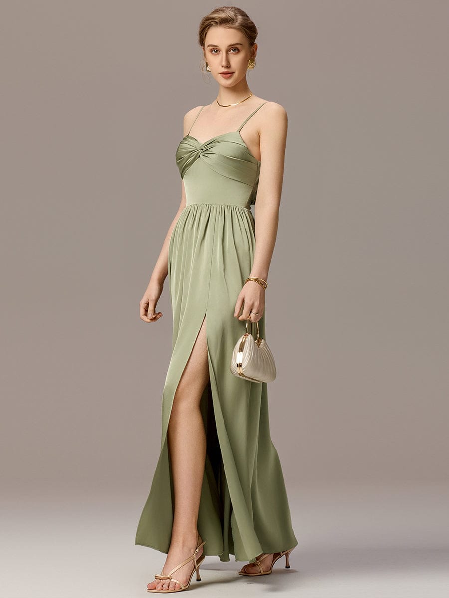 ever VERA|Satin Pleated Back-Tie Sleeveless Maxi Bridesmaid Dress