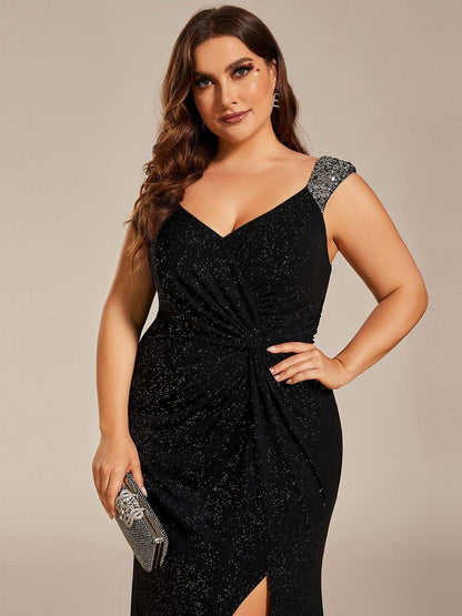 ever NOIRE|Glitter V-Neck High Slit Sequin Shoulder Strap Evening Dress