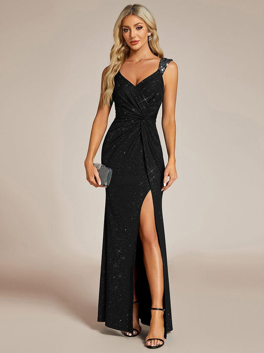 ever NOIRE|Sequin Shoulder Strap Twist High Slit Prom Dress