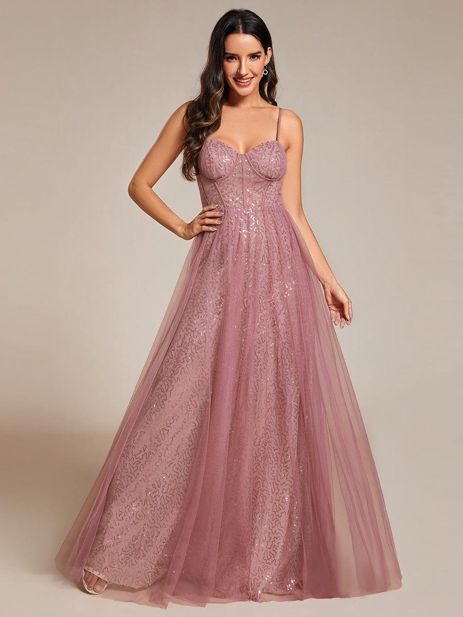 Spaghetti Straps Illusion Sleeveless A-Line Sequin Evening Dress with Tulle Cover