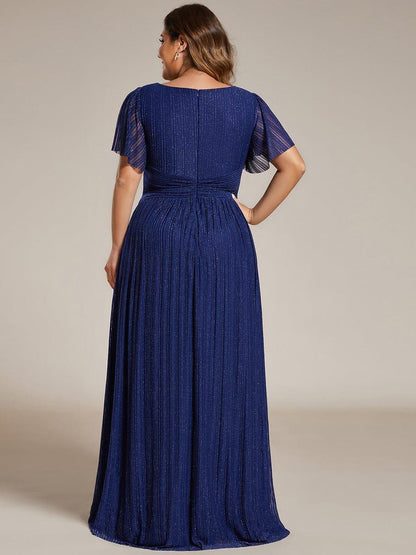 pretty DAPHNE|Plus Size V-Neck Glittery Short Sleeves Formal Evening Dress with Empire Waist