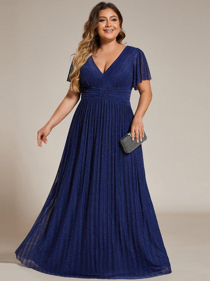 pretty DAPHNE|Plus Size V-Neck Glittery Short Sleeves Formal Evening Dress with Empire Waist