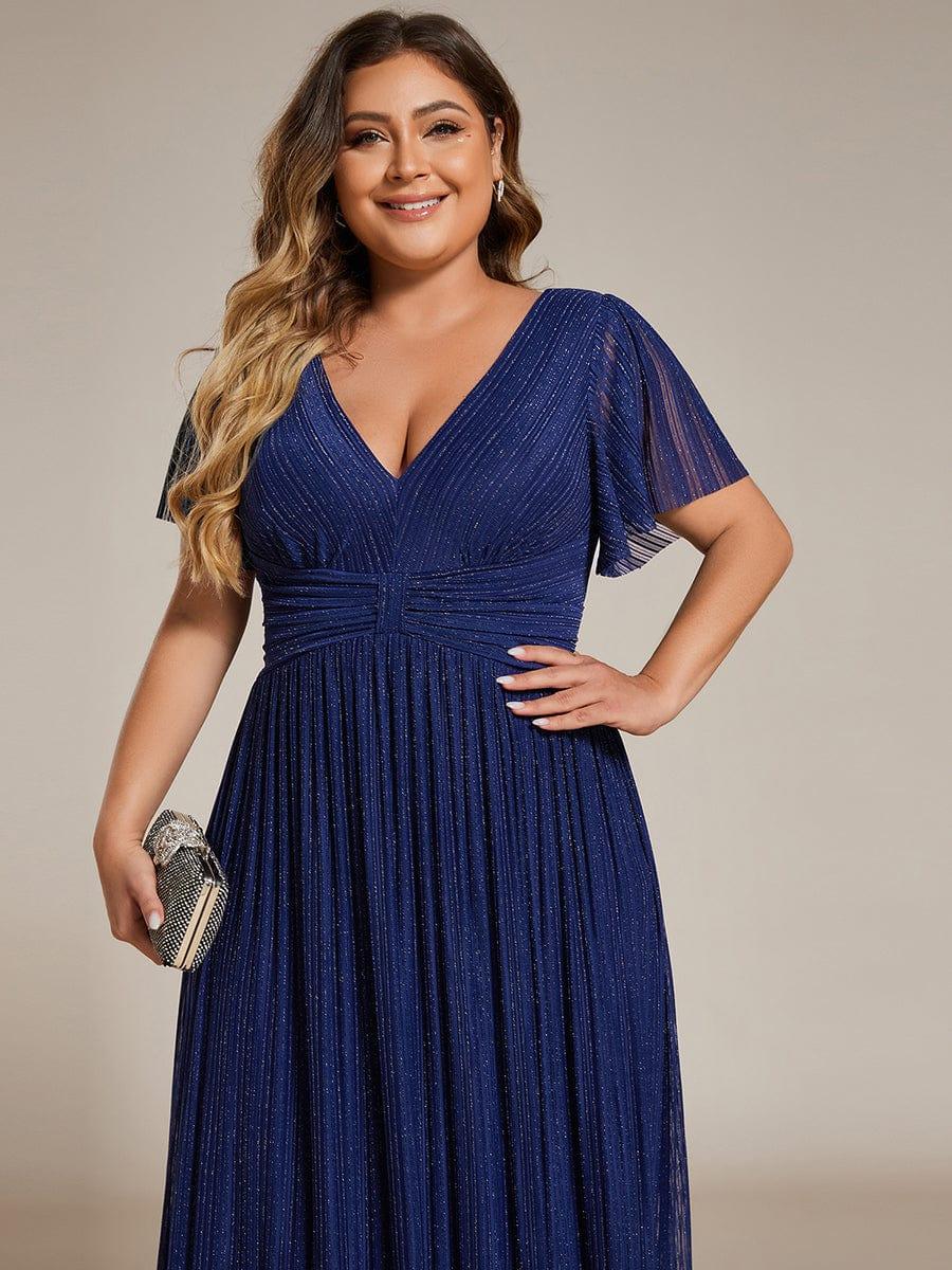 pretty DAPHNE|Plus Size V-Neck Glittery Short Sleeves Formal Evening Dress with Empire Waist