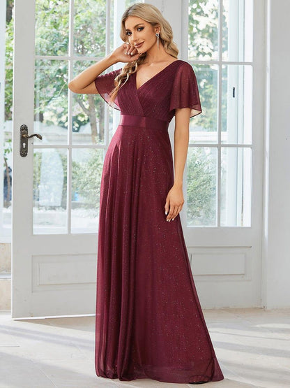 ever LIORÉ|Sparkling Short Sleeve V-Neck Ribbon Waist A-Line Bridesmaid Dress
