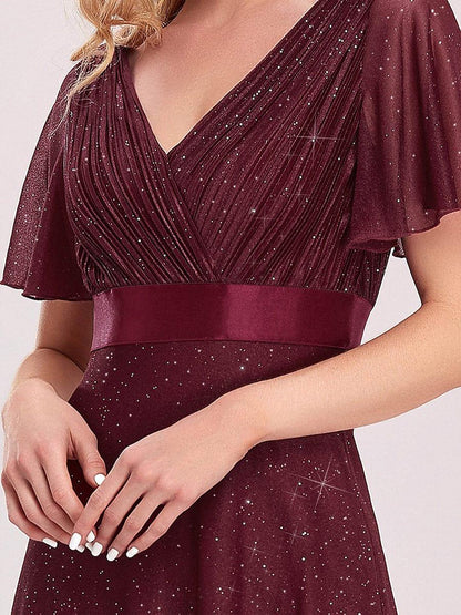 ever LIORÉ|Sparkling Short Sleeve V-Neck Ribbon Waist A-Line Bridesmaid Dress