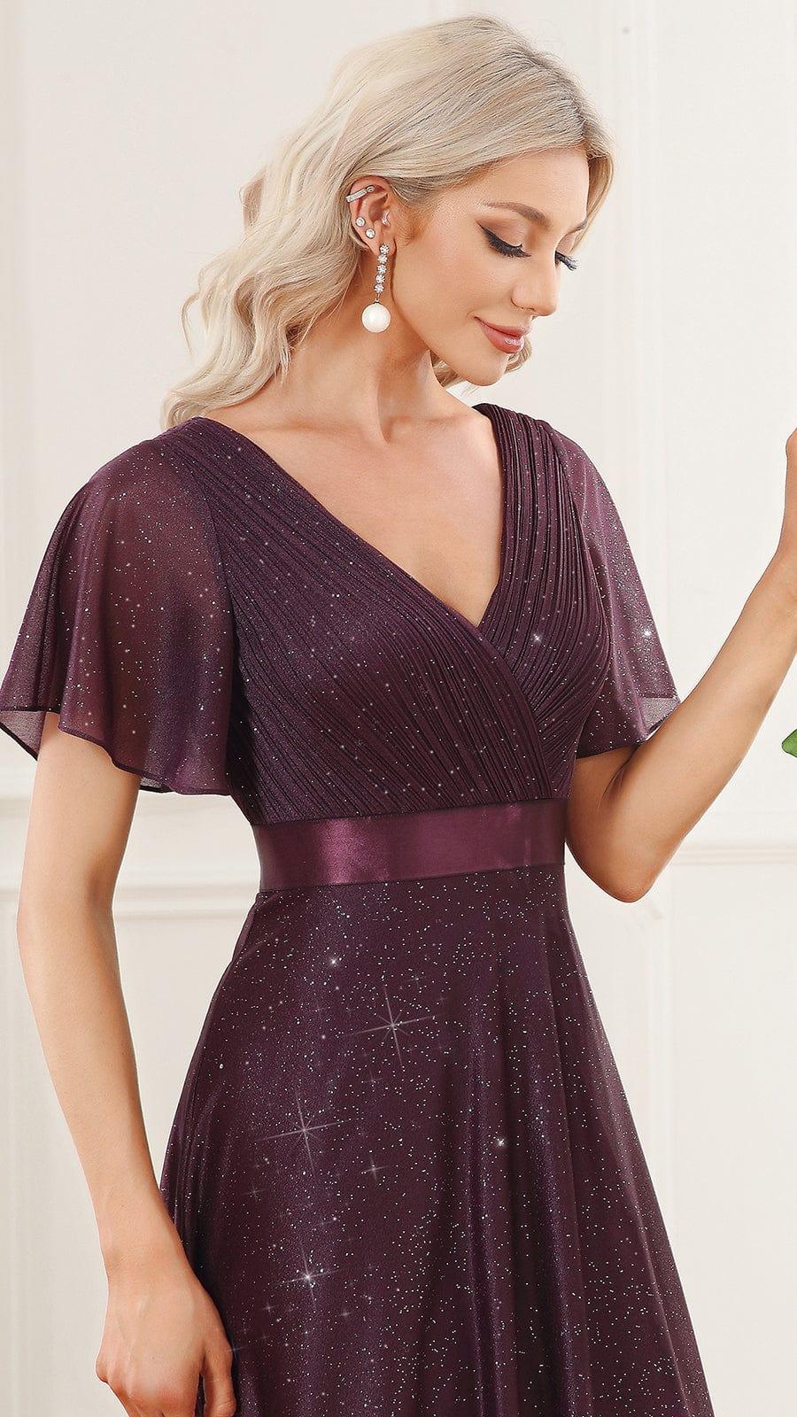 ever LIORÉ|Glitter Short Sleeve V-Neck  A-Line Wedding Guest Dress
