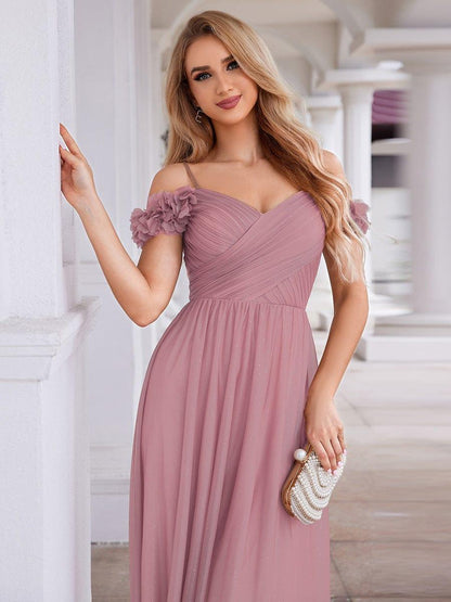 ever AYLANI|Sparkling V-Neck Floral Cold-Shoulder Evening Dress with Pleated