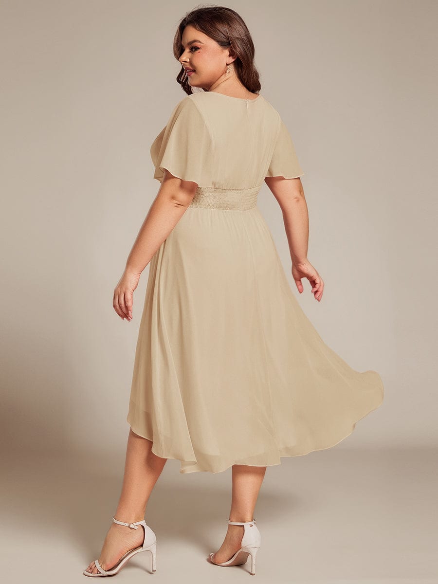 pretty EDEN|Plus Size Pleated Round Neckline A-Line Midi Chiffon Wedding Guest Dress