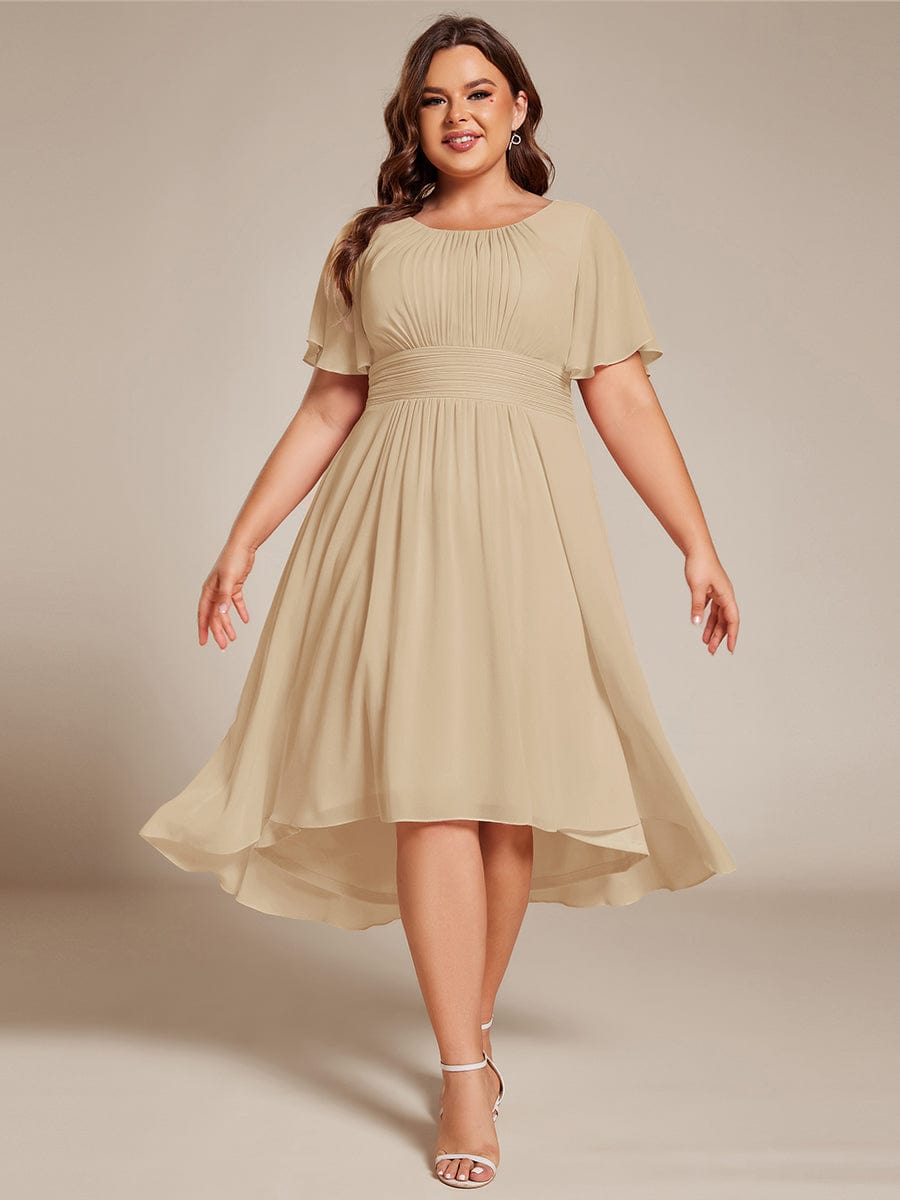 pretty EDEN|Plus Size Pleated Round Neckline A-Line Midi Chiffon Wedding Guest Dress