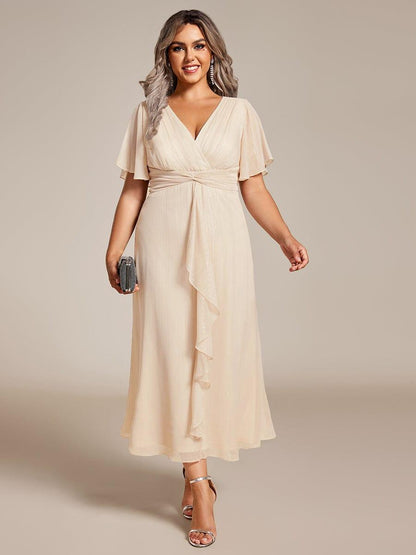pretty OPAHL|Plus Size Silver Metallic Fabric V-Neck A-Line Wedding Guest Dress featuring Delicate Ruffled Hem