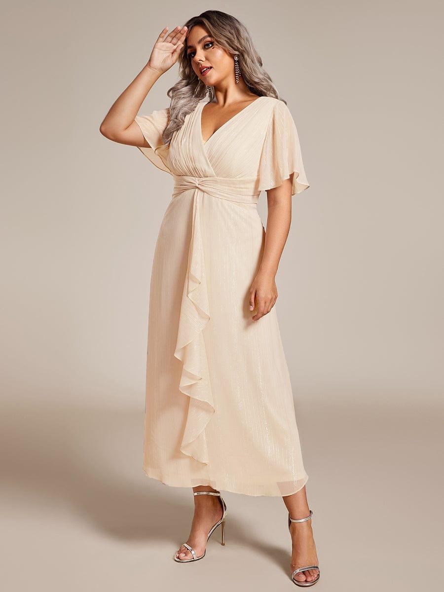 pretty OPAHL|Plus Size Silver Metallic Fabric V-Neck A-Line Wedding Guest Dress featuring Delicate Ruffled Hem