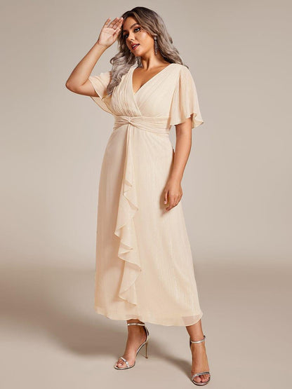pretty OPAHL|Plus Size Silver Metallic Fabric V-Neck A-Line Wedding Guest Dress featuring Delicate Ruffled Hem