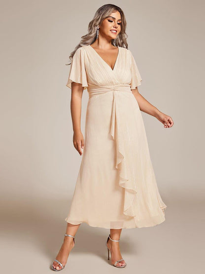 pretty OPAHL|Plus Size Silver Metallic Fabric V-Neck A-Line Wedding Guest Dress featuring Delicate Ruffled Hem