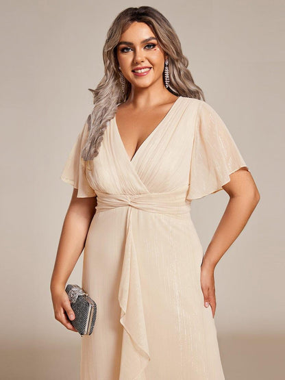 pretty OPAHL|Plus Size Silver Metallic Fabric V-Neck A-Line Wedding Guest Dress featuring Delicate Ruffled Hem