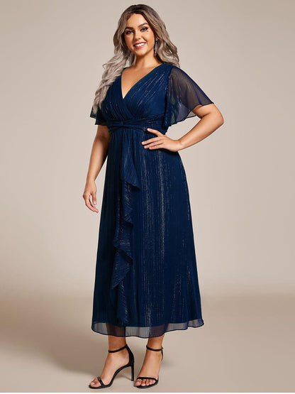 pretty OPAHL|Plus Size Silver Metallic Fabric V-Neck A-Line Wedding Guest Dress featuring Delicate Ruffled Hem