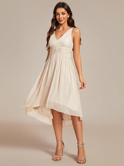V-Neck High-Low Glitter Sleeveless Wedding Guest Dress with Pleated