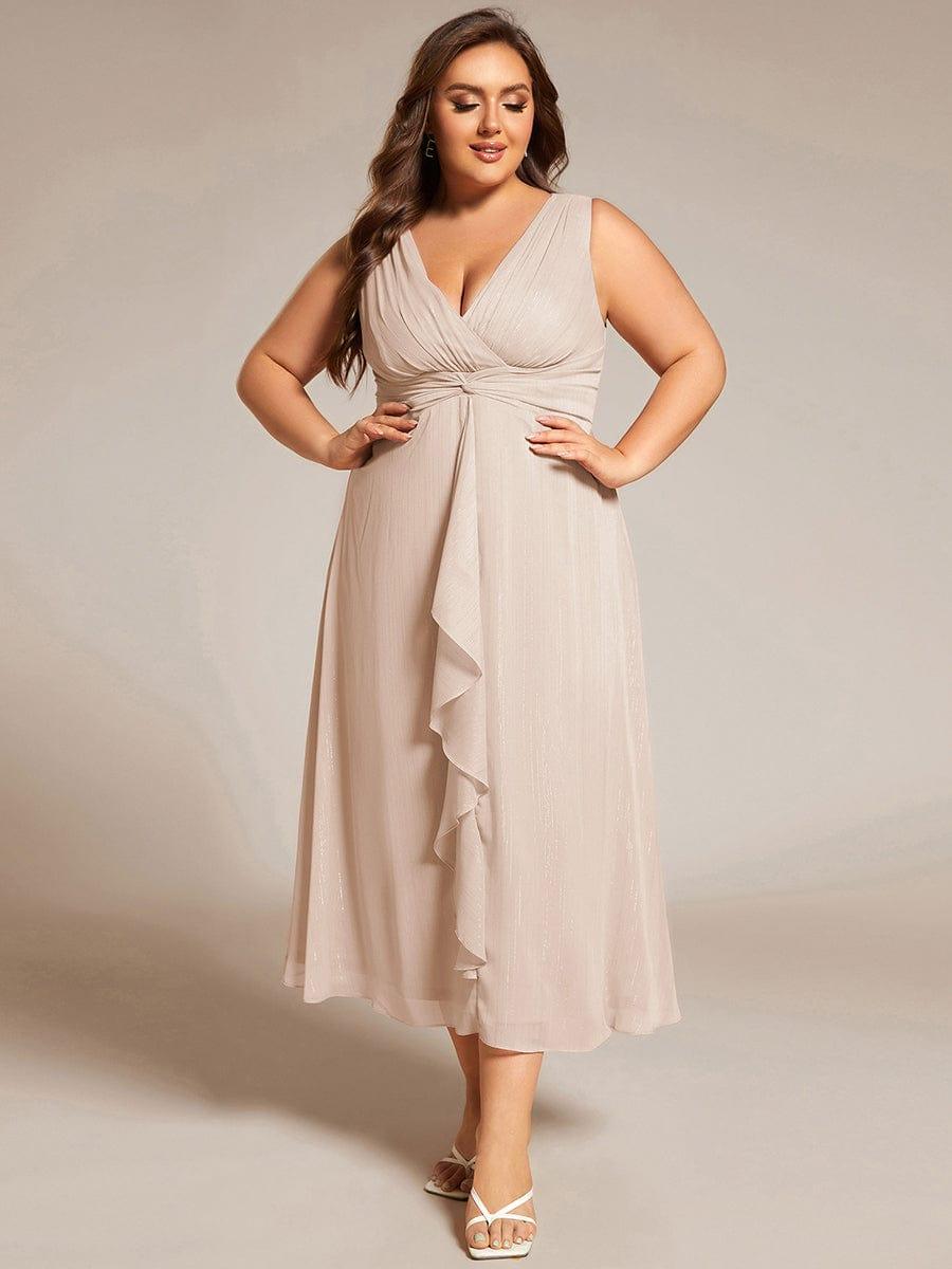pretty MEI|Plus Size Sleeveless Glittery Ruffled V-Neck Midi Wedding Guest Dress