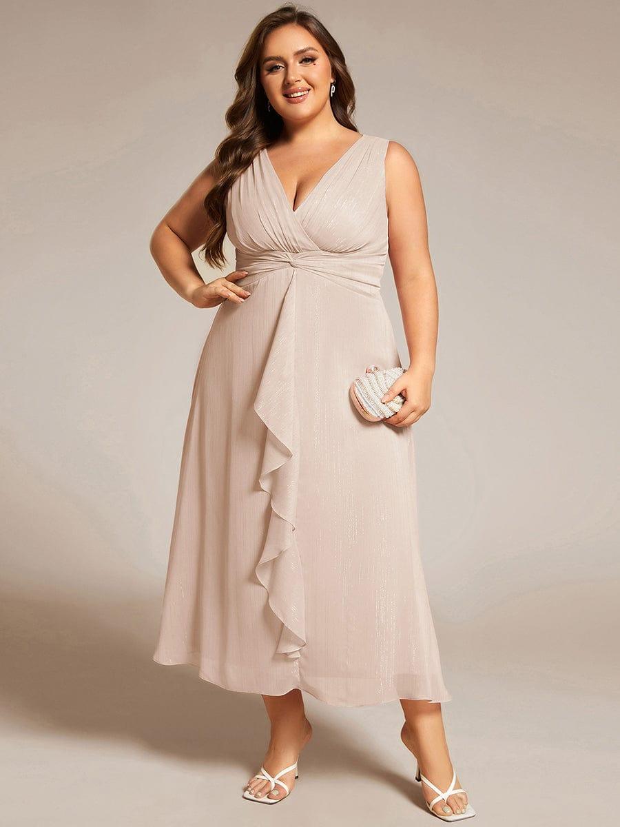 pretty MEI|Plus Size Sleeveless Glittery Ruffled V-Neck Midi Wedding Guest Dress