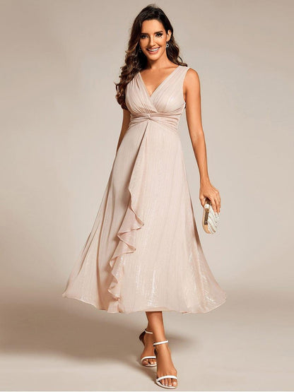 ever MEI|Glitter Sleeveless A-Line Midi Wedding Guest Dress with Ruffled Hem