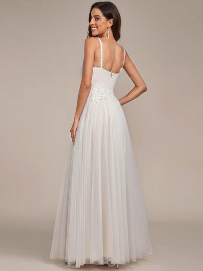 Tulle Floral Spaghetti Strap Illusion V-Neck A-Line Wedding Dress