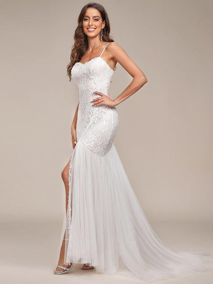 ORCELLA'S BRIDE|Spaghetti Strap Lace Backless Long Fishtail Wedding Dress