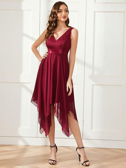ever COSTA|Deep V-Neck Lace Chiffon Bridesmaid Dress with Asymmetrical Hem