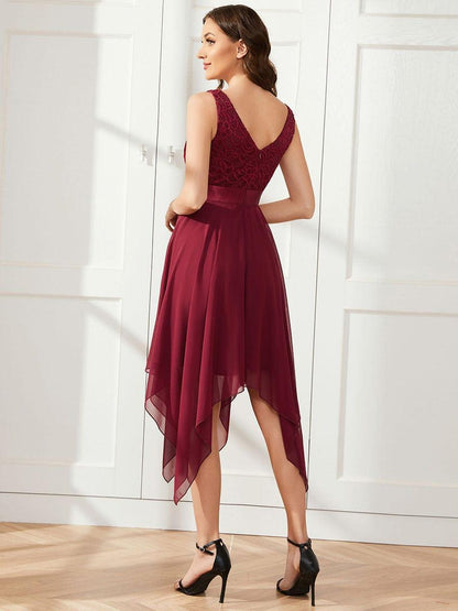ever COSTA|Deep V-Neck Lace Chiffon Bridesmaid Dress with Asymmetrical Hem