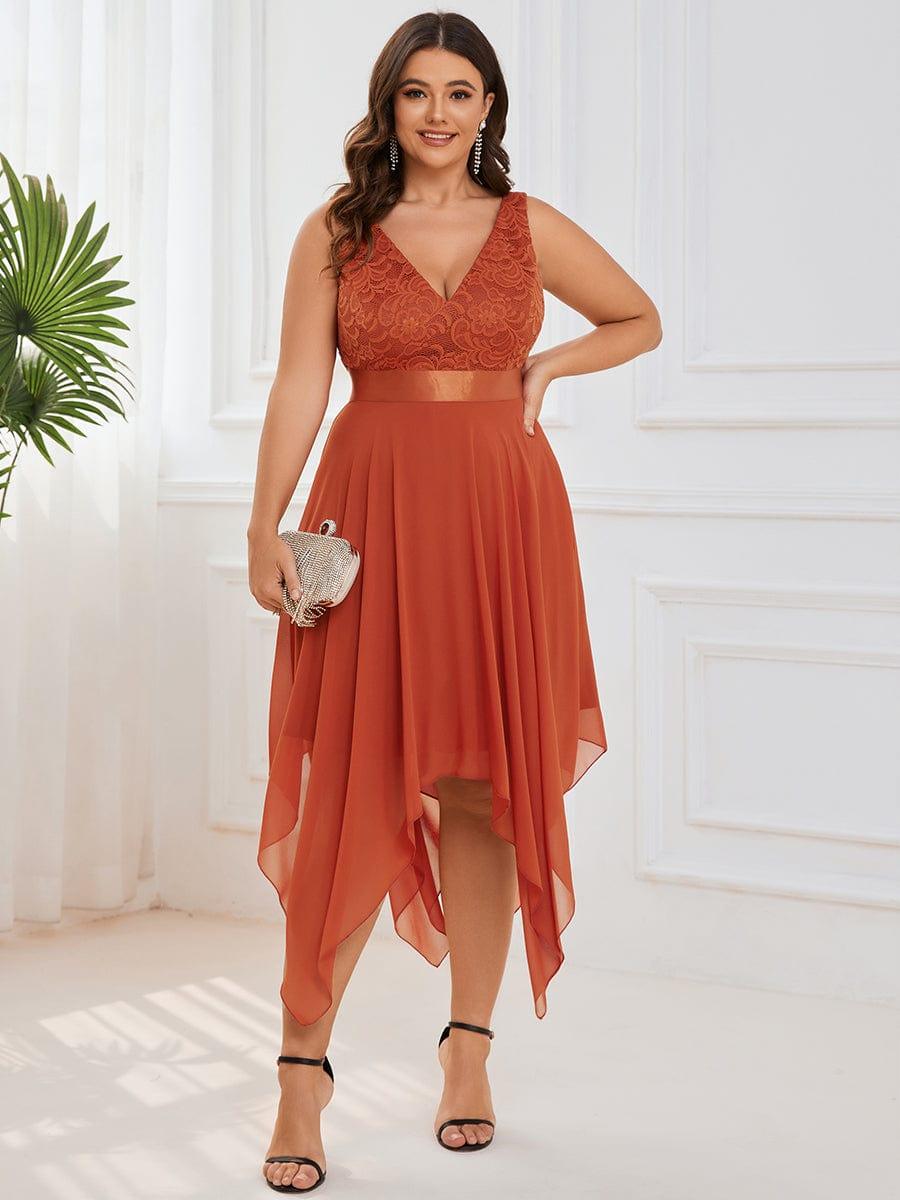 ever COSTA|Deep V-Neck Lace Chiffon Bridesmaid Dress with Asymmetrical Hem
