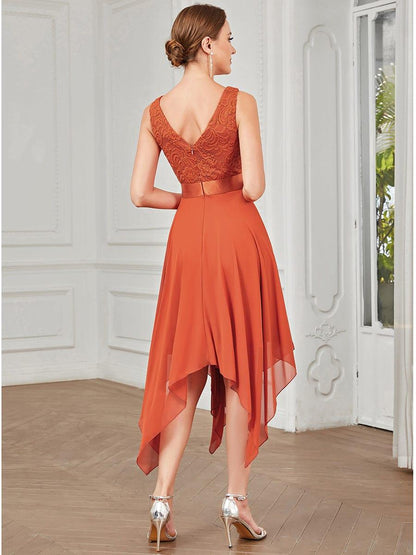 ever COSTA|Deep V-Neck Lace Chiffon Bridesmaid Dress with Asymmetrical Hem