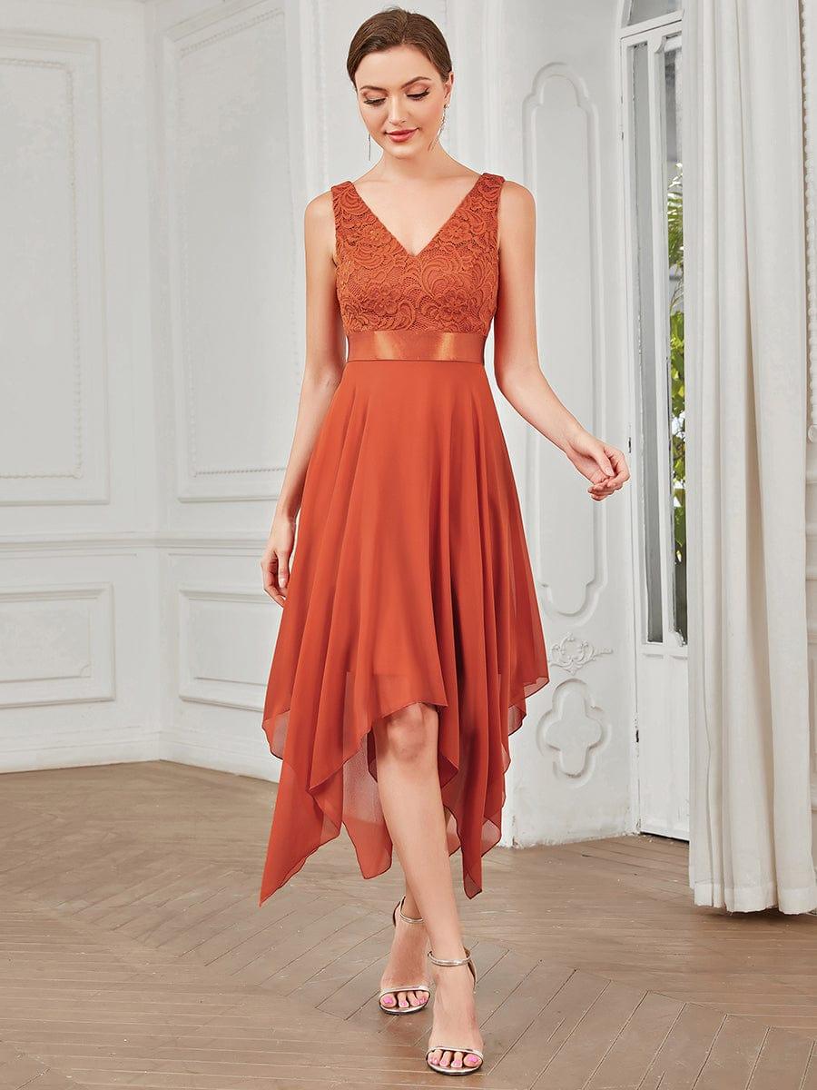 ever COSTA|Deep V-Neck Lace Chiffon Bridesmaid Dress with Asymmetrical Hem