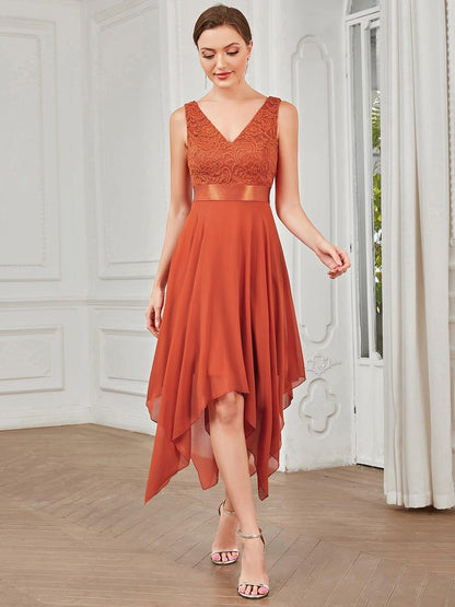 ever COSTA|Deep V-Neck Lace Chiffon Bridesmaid Dress with Asymmetrical Hem