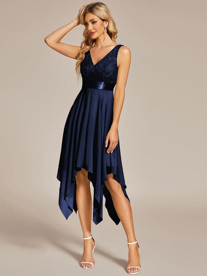 ever COSTA|Deep V-Neck Lace Chiffon Bridesmaid Dress with Asymmetrical Hem