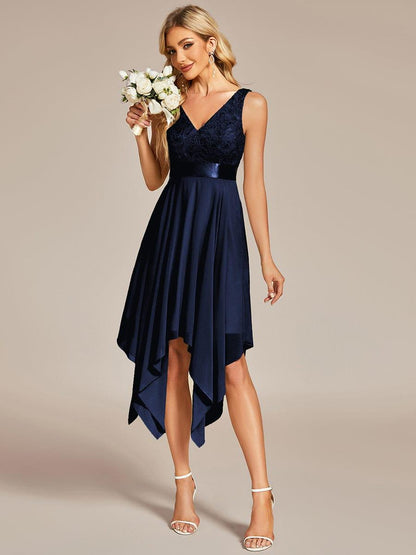 ever COSTA|Deep V-Neck Lace Chiffon Bridesmaid Dress with Asymmetrical Hem
