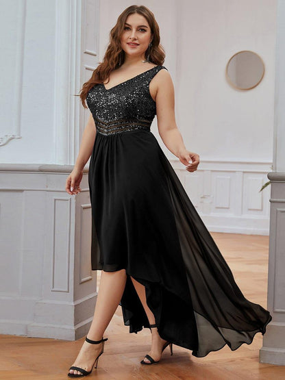Elegant Paillette & Chiffon V-neck A-line Sleeveless Plus Size Formal Evening Dresses
