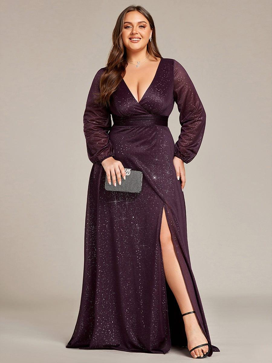 Plus Size V-Neck Shiny Puff Sleeve Evening Dress for Women