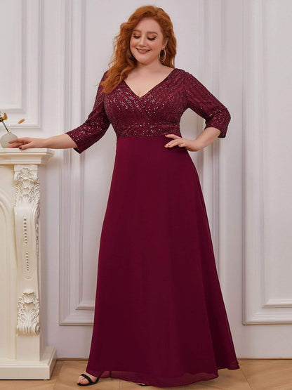 pretty LUENA|Plus Size V Neck A-Line Sequin Formal Evening Dress with Sleeve