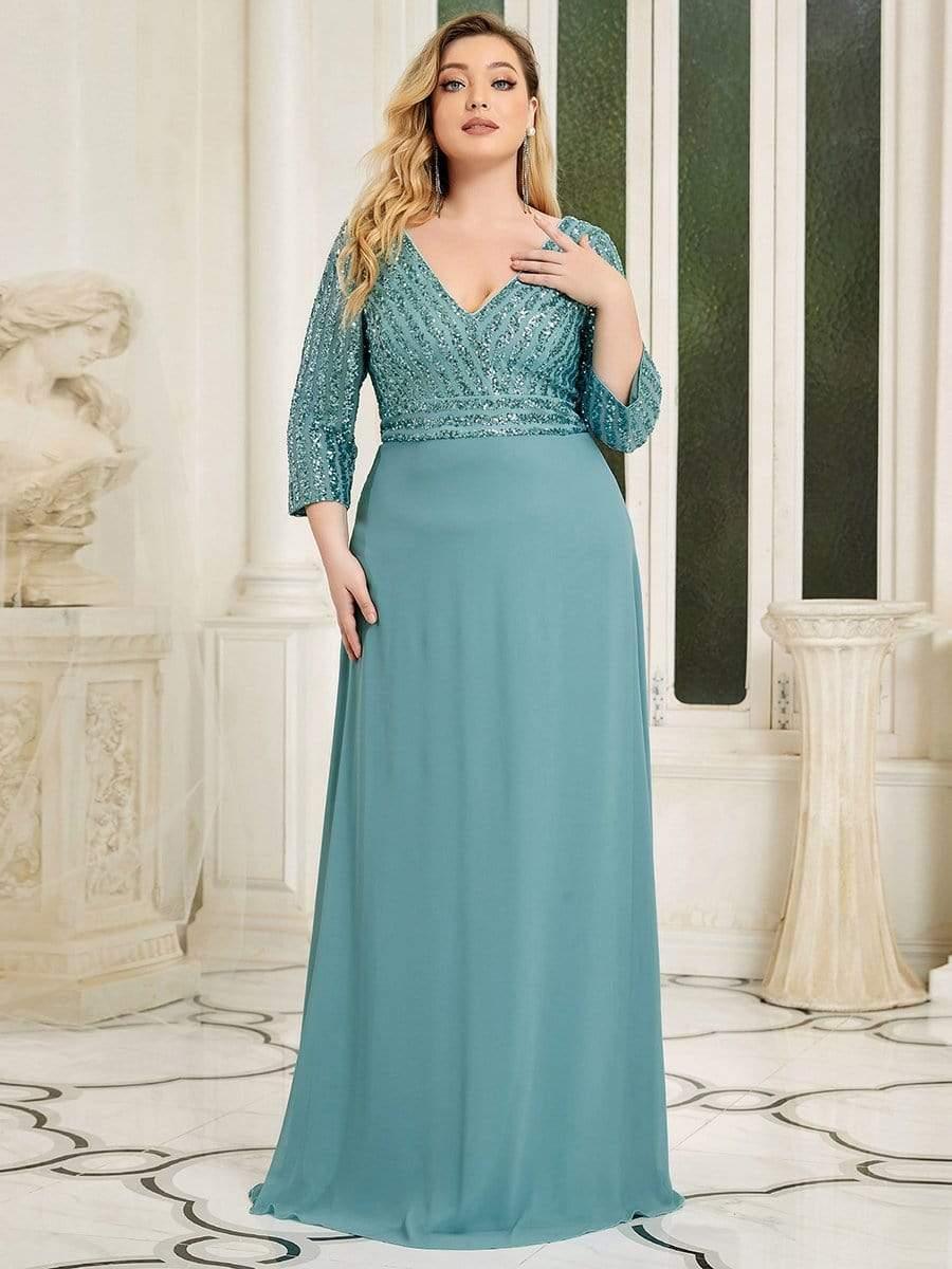 pretty LUENA|Plus Size V Neck A-Line Sequin Formal Evening Dress with Sleeve