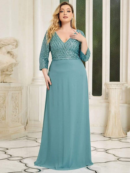 pretty LUENA|Plus Size V Neck A-Line Sequin Formal Evening Dress with Sleeve