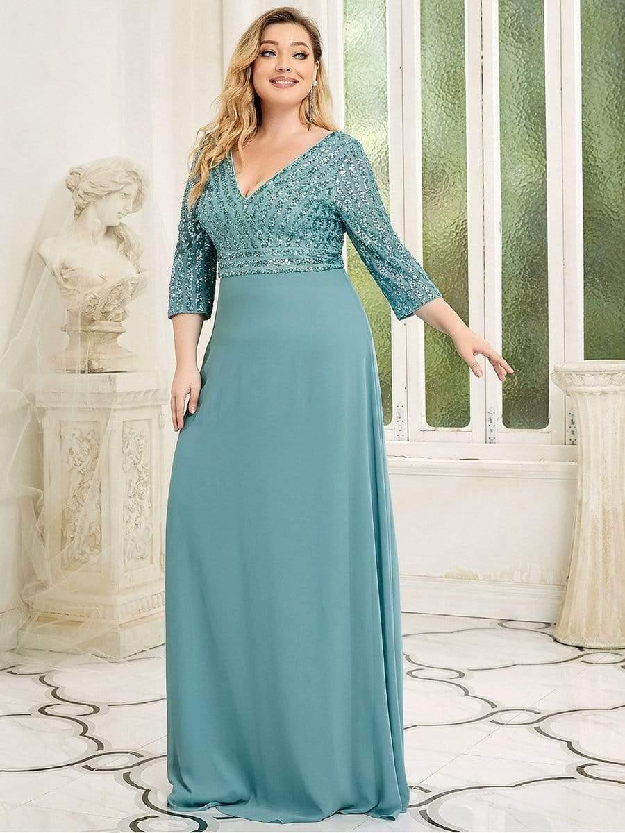 pretty LUENA|Plus Size V Neck A-Line Sequin Formal Evening Dress with Sleeve