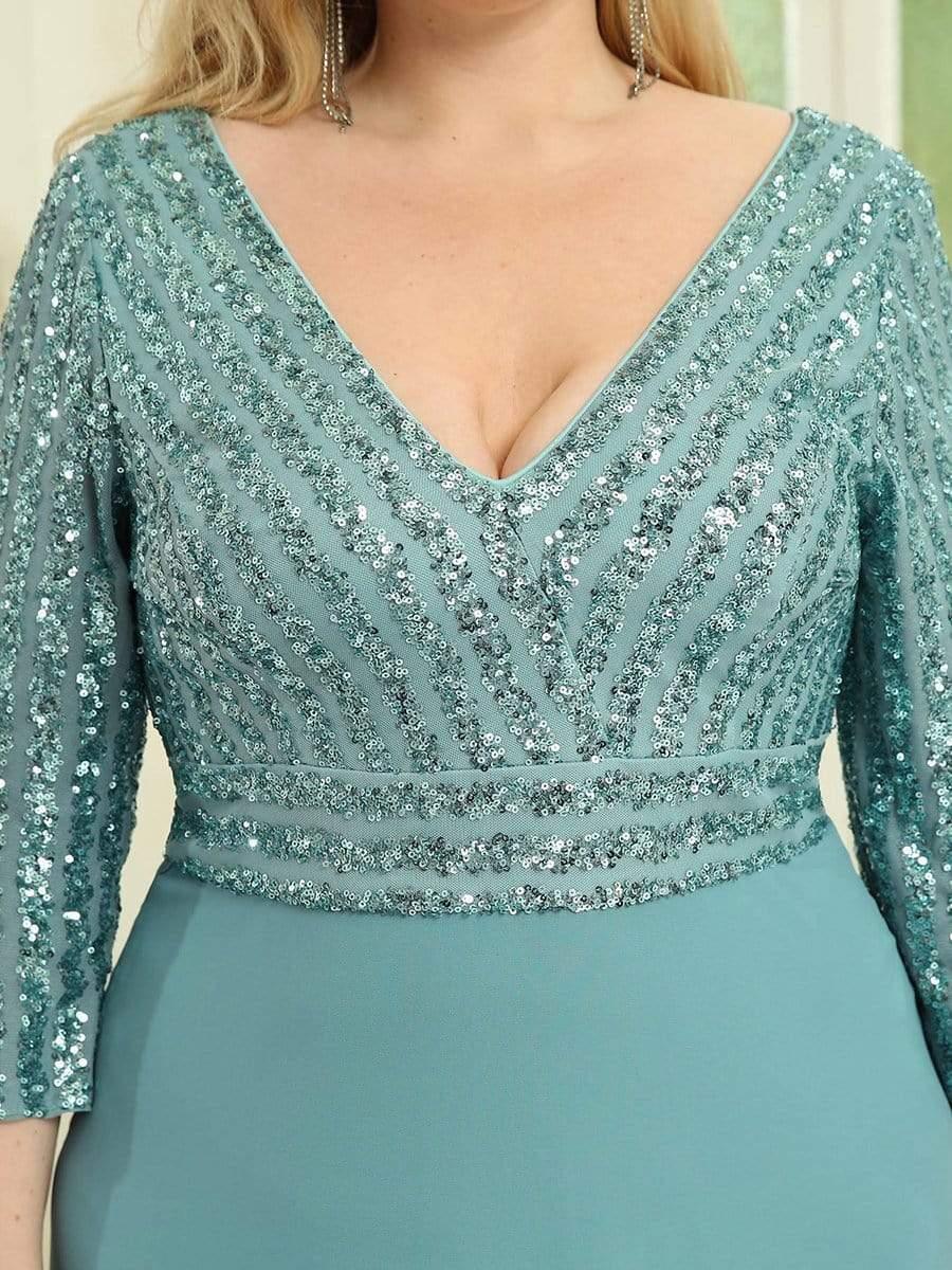 pretty LUENA|Plus Size V Neck A-Line Sequin Formal Evening Dress with Sleeve