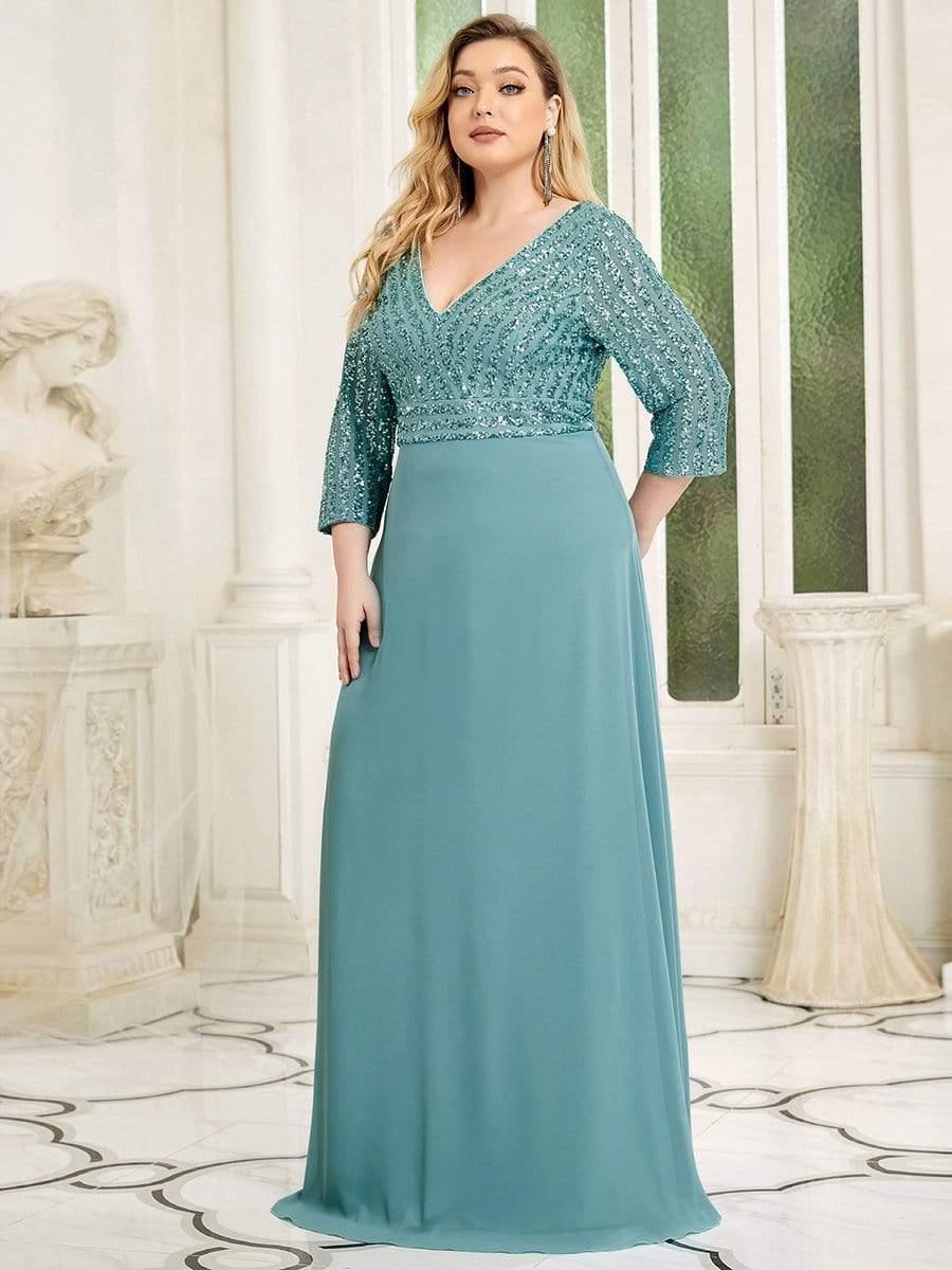 pretty LUENA|Plus Size V Neck A-Line Sequin Formal Evening Dress with Sleeve