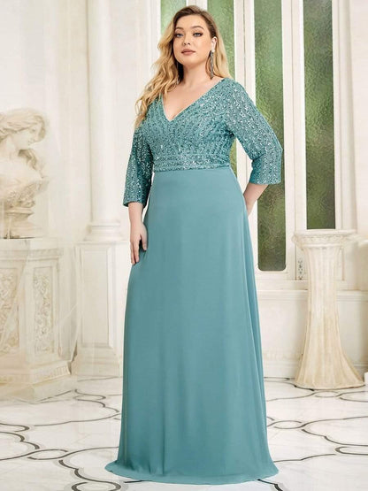 pretty LUENA|Plus Size V Neck A-Line Sequin Formal Evening Dress with Sleeve