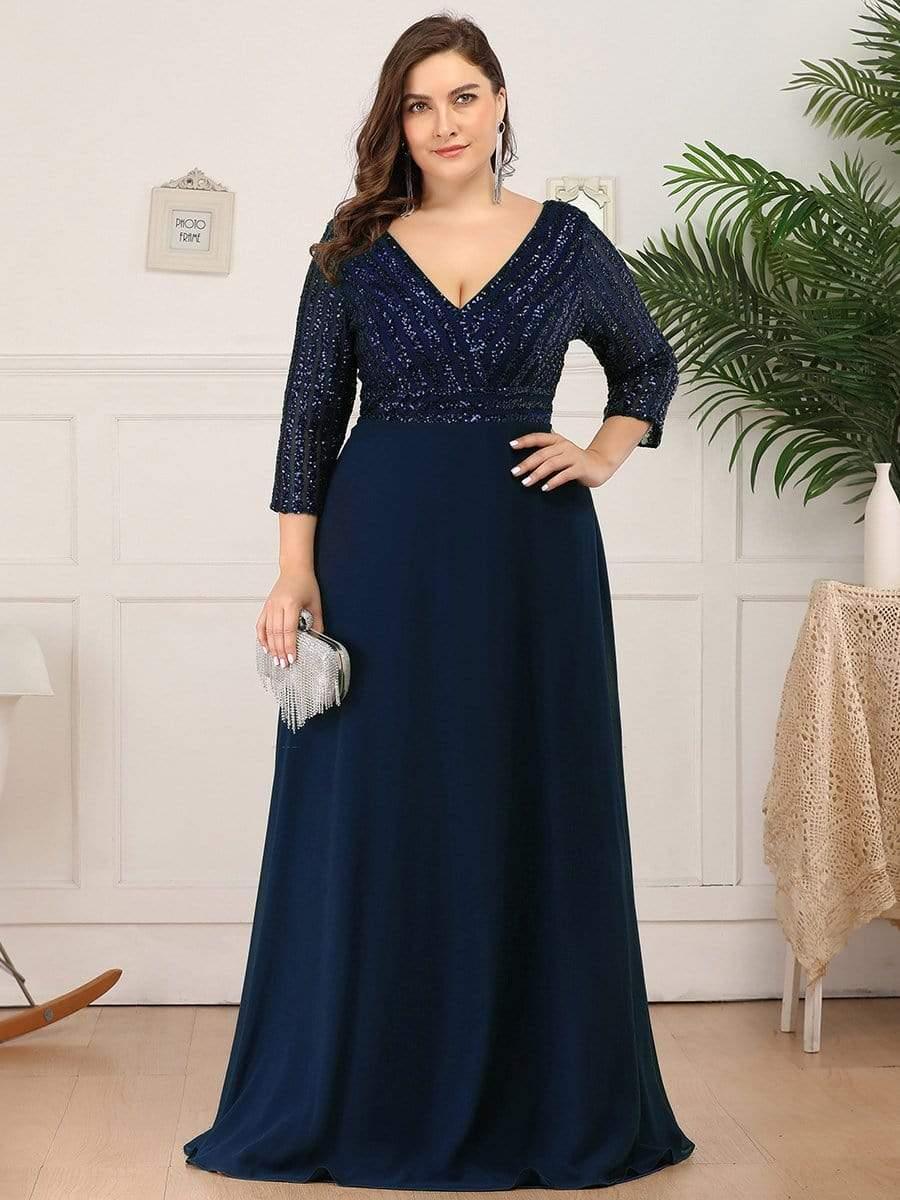 pretty LUENA|Plus Size V Neck A-Line Sequin Formal Evening Dress with Sleeve