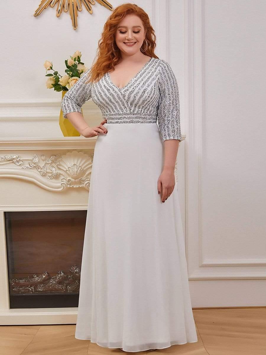 pretty LUENA|Plus Size V Neck A-Line Sequin Formal Evening Dress with Sleeve