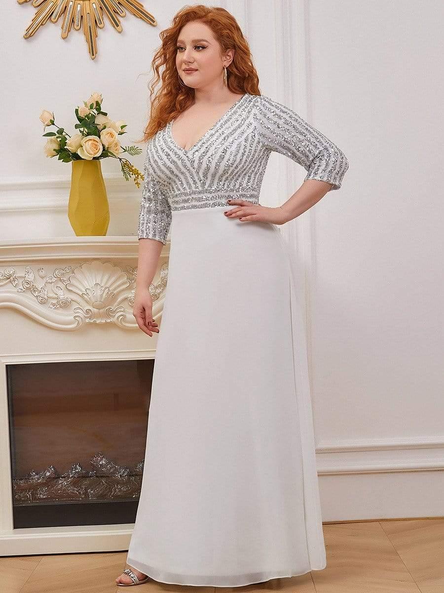 pretty LUENA|Plus Size V Neck A-Line Sequin Formal Evening Dress with Sleeve