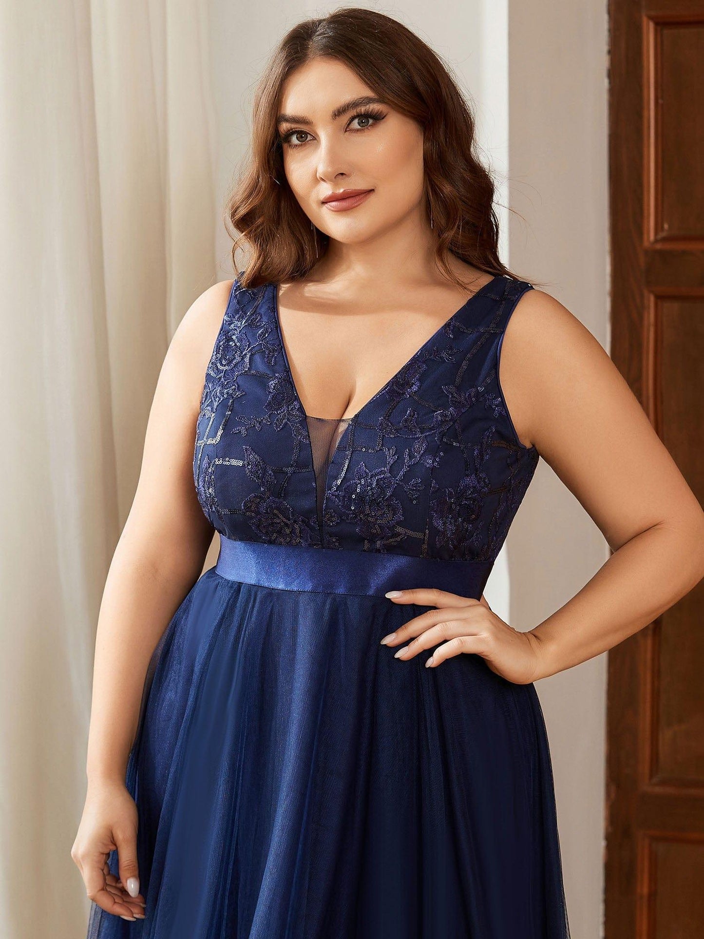 pretty SASHIA|Plus Size Sequin High-Low Deep V Neck Tulle Evening Dresses