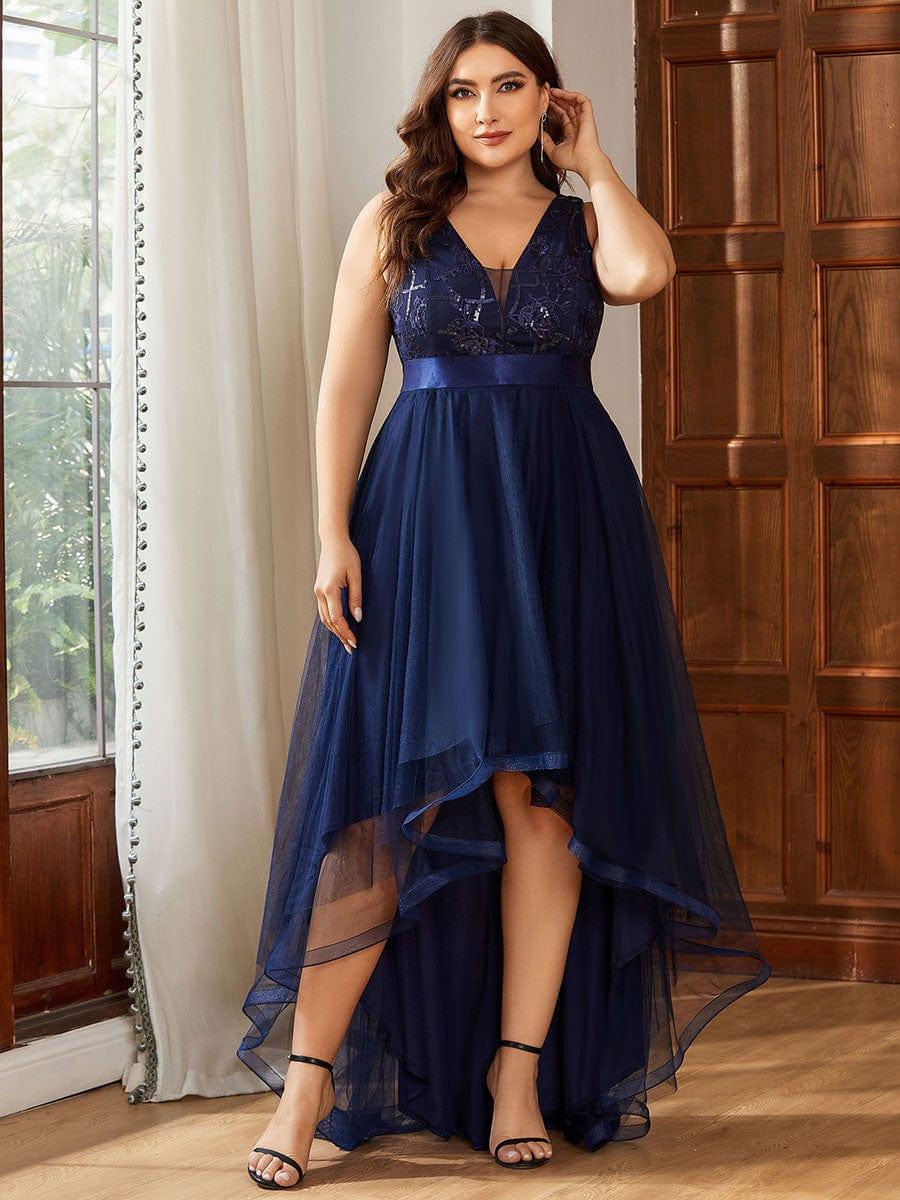 pretty SASHIA|Plus Size Sequin High-Low Deep V Neck Tulle Evening Dresses