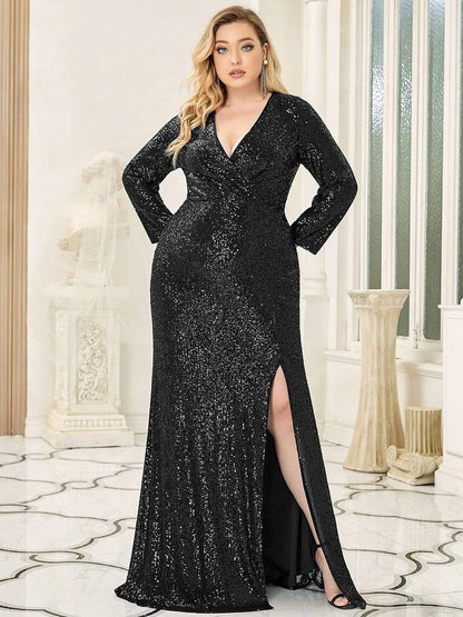 pretty NYX|Plus Size Sexy Deep V-Neck Sequin Bodice Formal Evening Gowns
