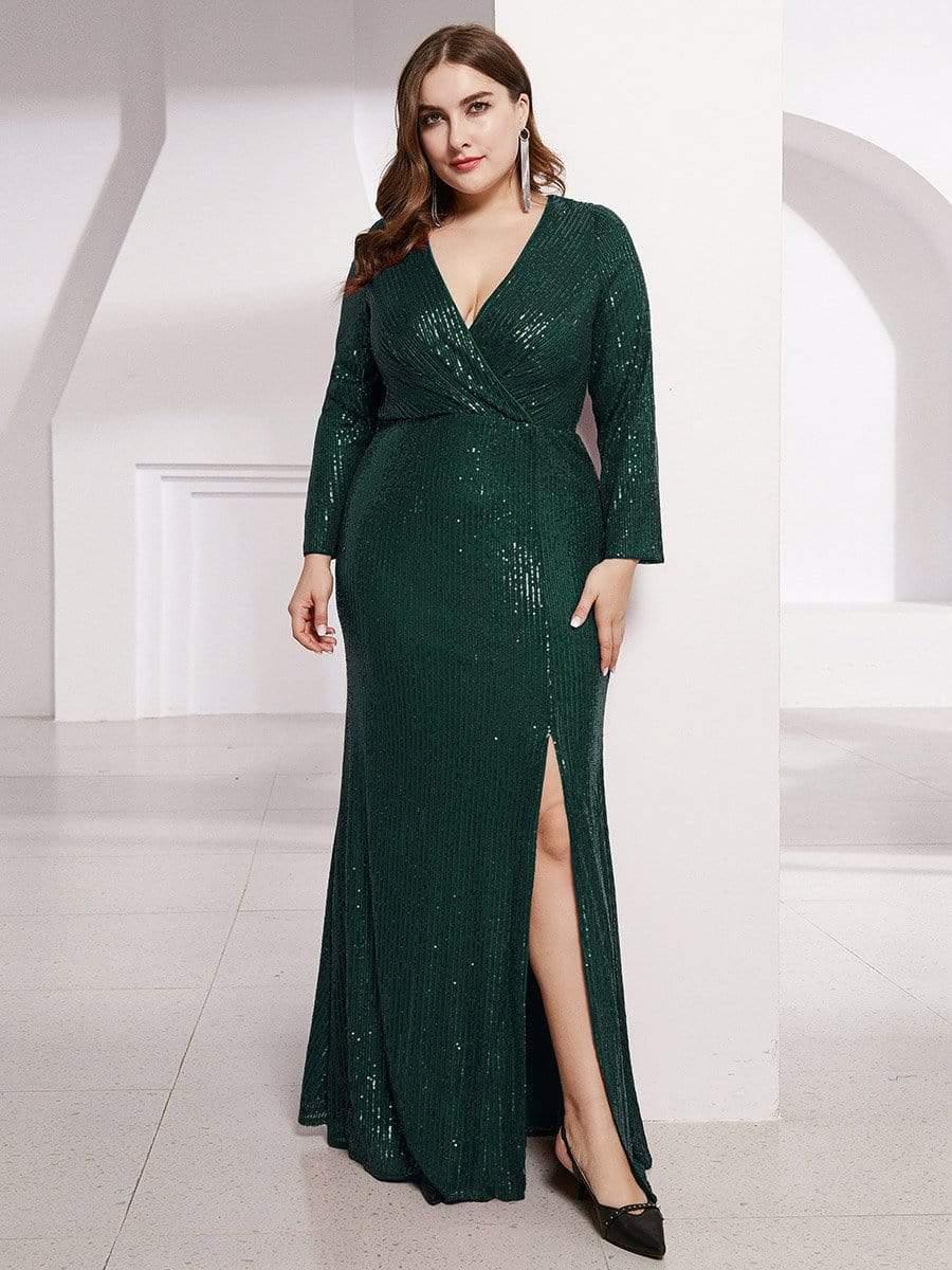 pretty NYX|Plus Size Sexy Deep V-Neck Sequin Bodice Formal Evening Gowns